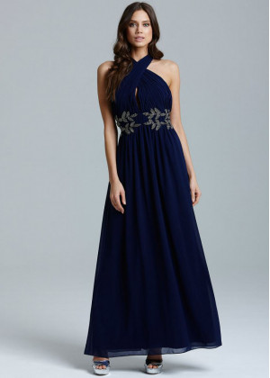 Navy Blue Chiffon Beads Halter Neckline Long Prom Dress 